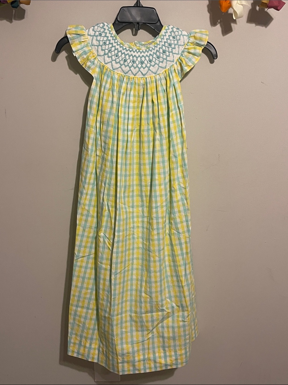 Girls Yellow & iBlue Plaid Smocked long dress smock monkey size 10